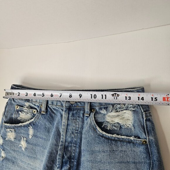 Signature 8 Blue Denim Shorts Women Distressed High Rise Button Down Size M - Picture 11 of 14